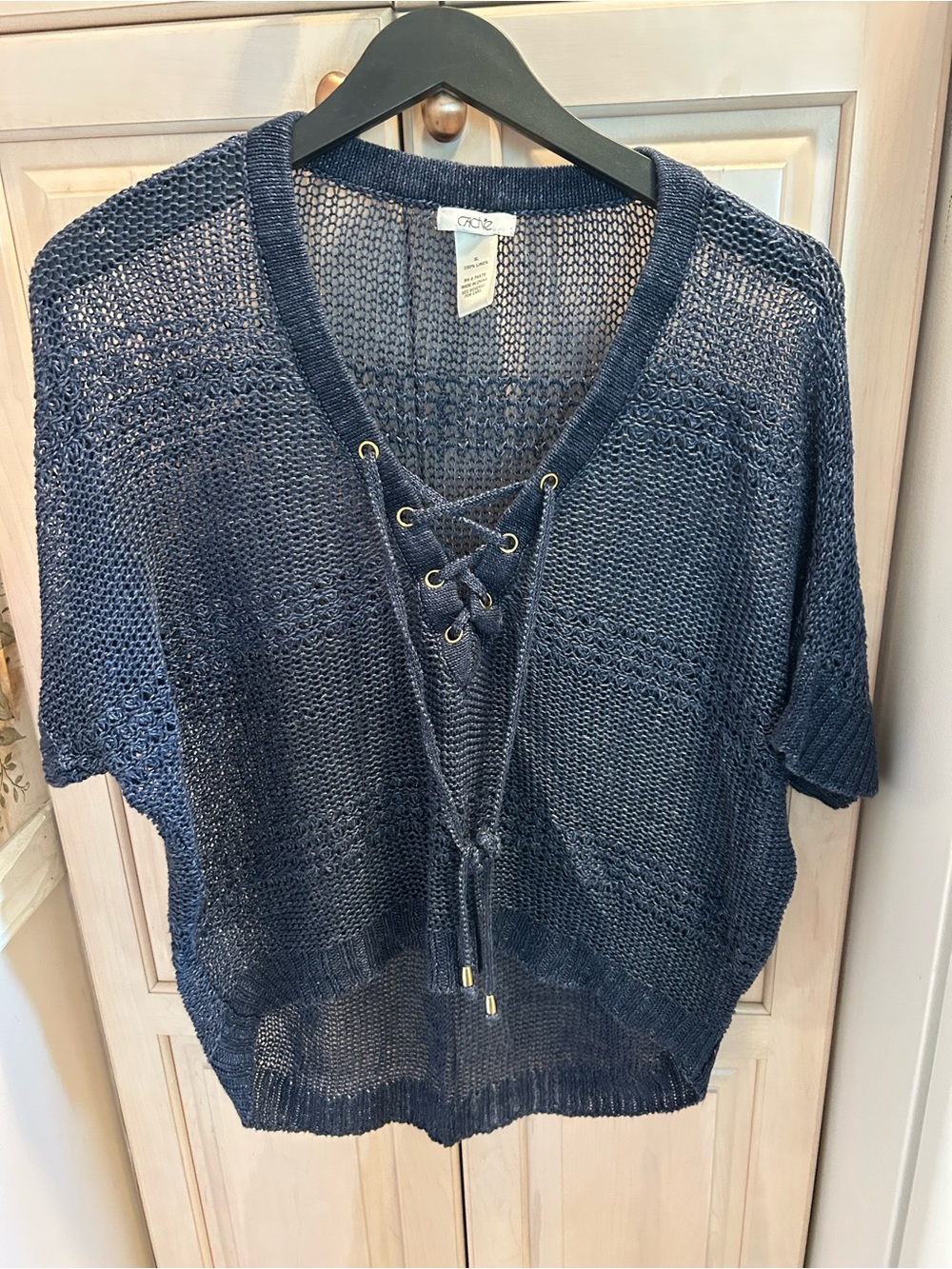 Cache Lace Up Knit Sweater Womens Size XL Blue Linen Open Knit Pullover Beach